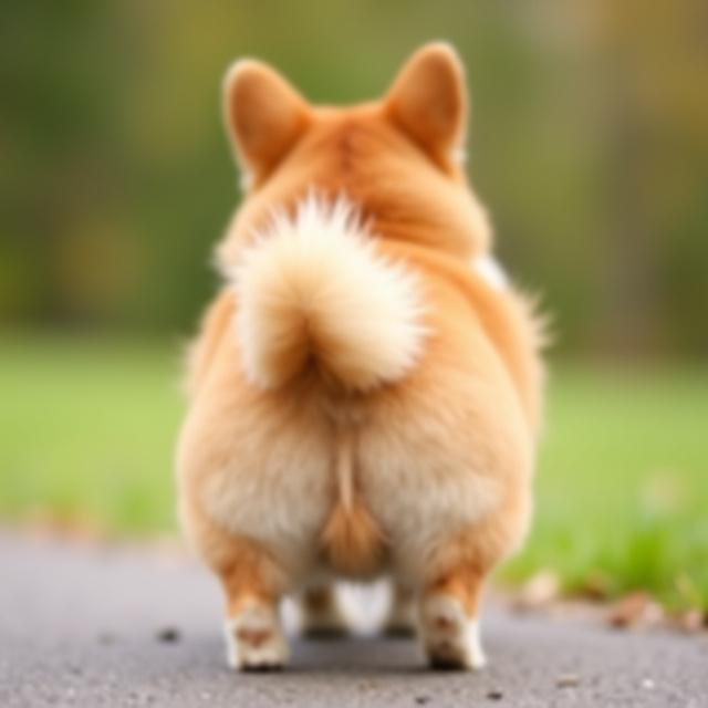 Cute Corgi showcasing a perfectly rounded, fluffy 'peach butt' trim