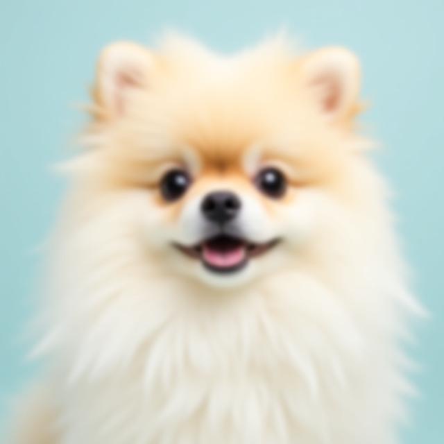 Fluffy Pomeranian with an adorable teddy bear face trim and short body cut