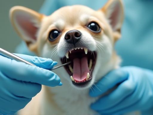 A small dog having its teeth inspected by a dental technician without anesthesia