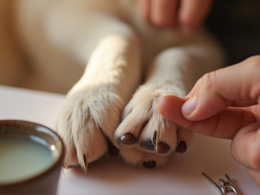 A dog receiving a paw pedicure, including nail trimming and pad moisturizing