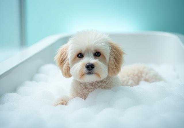 A dog relaxing in a Nanobubble spa bath with fine bubbles
